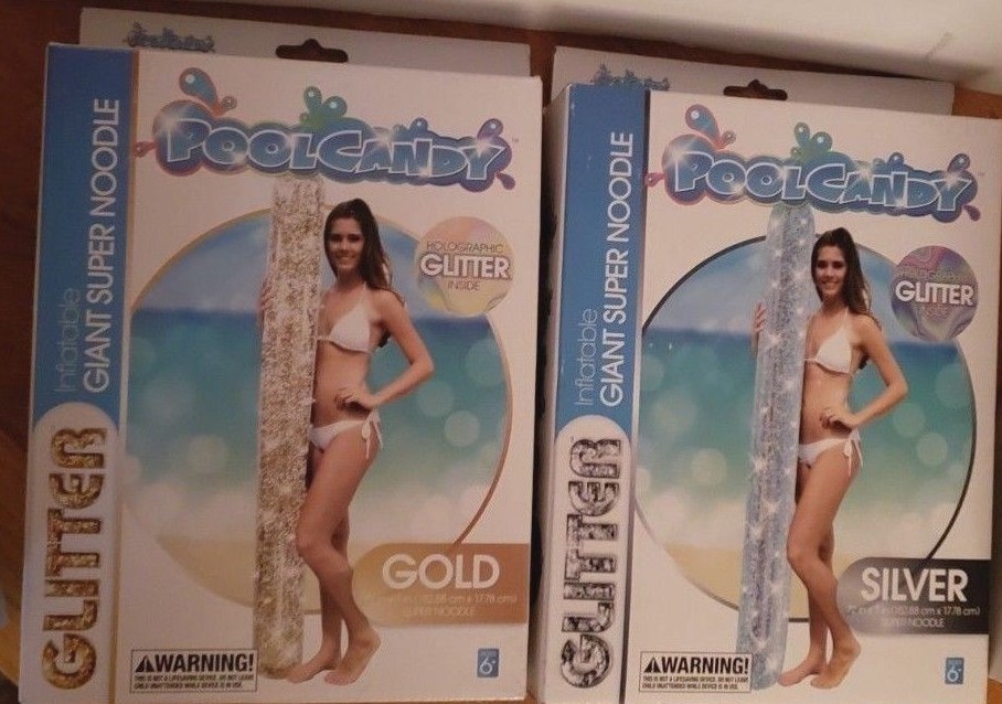 Lot of 2 Pool Candy Gold Glitter and Silver Glitter Inflatable Super Noodle Pool