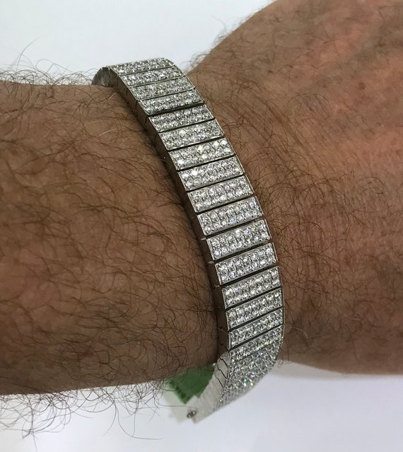 Pre-owned Online0369 6.5 Ct Rd Cubic Zirconia Mens Tennis Link Bracelet White Gold Plated Silver
