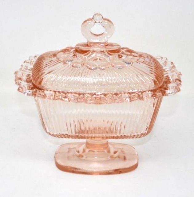 Pink Depression Glass Old Colony Lace Edge Covered Candy Dish