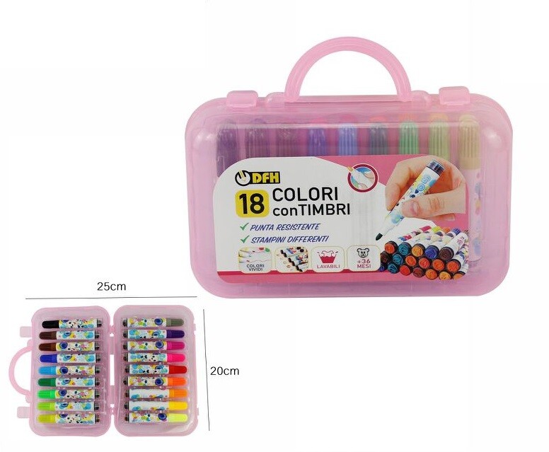 Valigetta 18 Pennarelli Color Pen Colorati Con Timbri Divertimento Bambini dfh