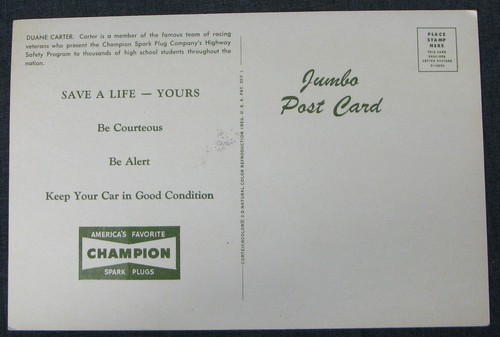 DUANE CARTER AUTOGRAPHED 1963 INDY 500 JUMBO CHAMPION POST CARD FREE SHIP!