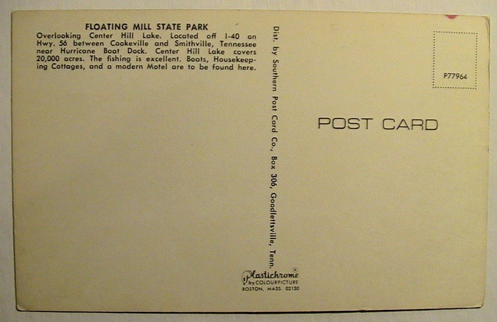 Smithville TN Floating Mill State Park Near Hurricane Bridge Postcard ca 1960's