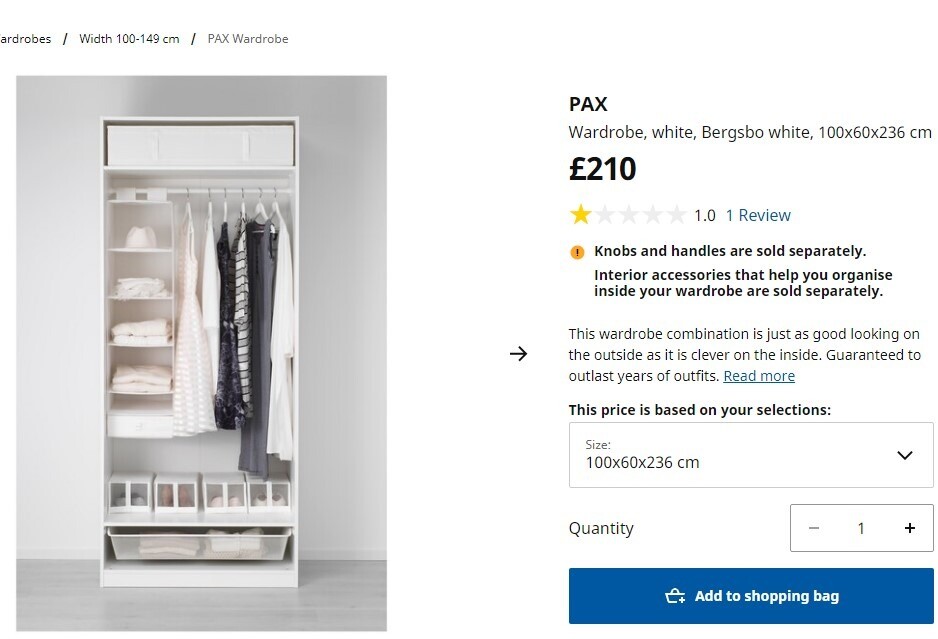 Ikea Pax Wardrobe Carcass White 100w X 60d X 236t Cm In