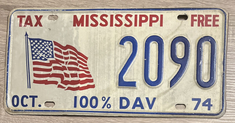 Vintage 1974 Mississippi 100% DAV Disabled Veteran US Flag License Plate #2090