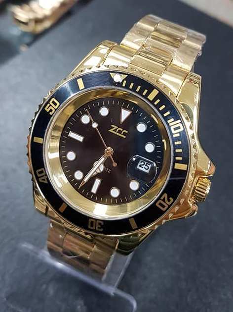 Orologio Da Polso Zcc Submarine Uomo Analogico Quarzo Datario Dorato Nero lac