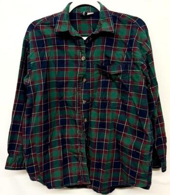 Divided green blue plaid button down pockets women's long sleeve top 2 , 2X