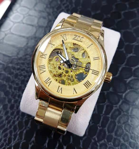 Orologio Da Polso Zcc BigRom Uomo Automatico Meccanico Casual Oro Dorato lac