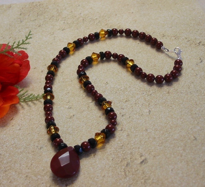 Handmade Bordeaux Glass Pearl and Topaz Bicone Necklace and Earrings