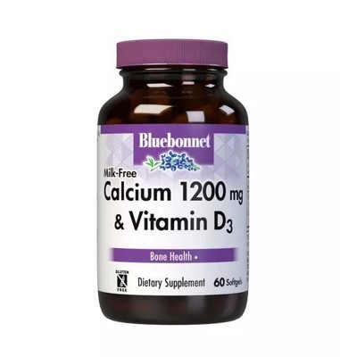Bluebonnet без молока, 1200 мг кальция и витамина D3, 60 мягких желатиновых капсул