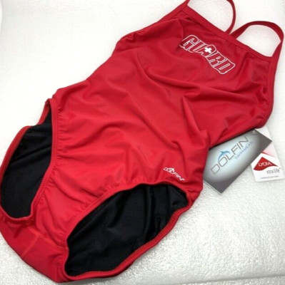 Sz 36 Dolphin One Piece GUARD Swimsuit Womens Red Lifeguard AS IS Cracked Text