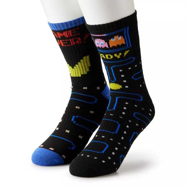 2 Pair Pac Man Themed Crew Socks, Adult Shoe Size 6-12, Gift, Arcade Games