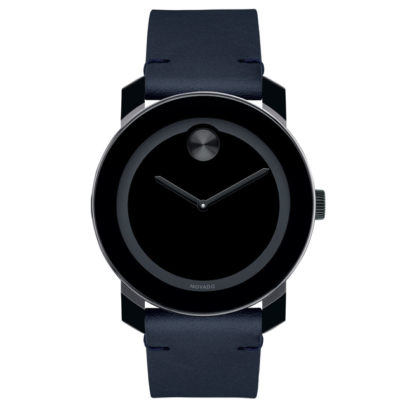 Pre-owned Movado Bold Black Dial Navy Leather Strap Men's Watch 3600583