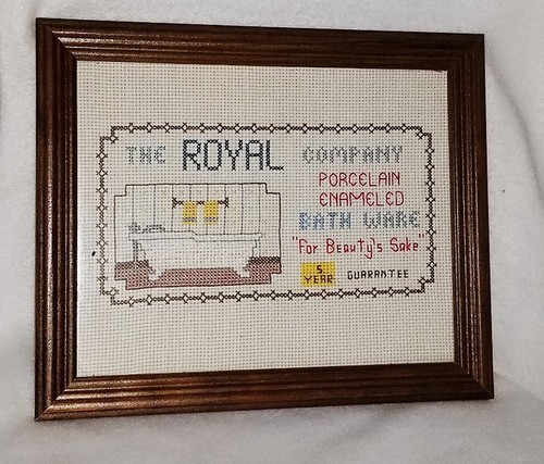 Vintage Handmade Framed Cross Stitch Advertisement Bath Picture Lot - Set of 2
