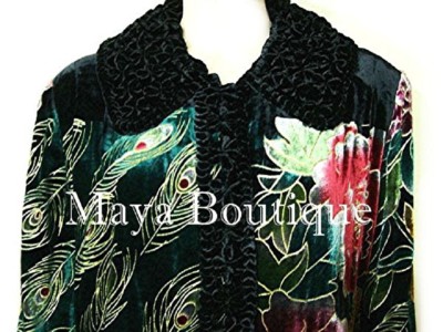 Pre-owned Maya Matazaro Opera Coat Duster Wearable Art Silk Velvet Peacock Black Long Lined 1x Maya