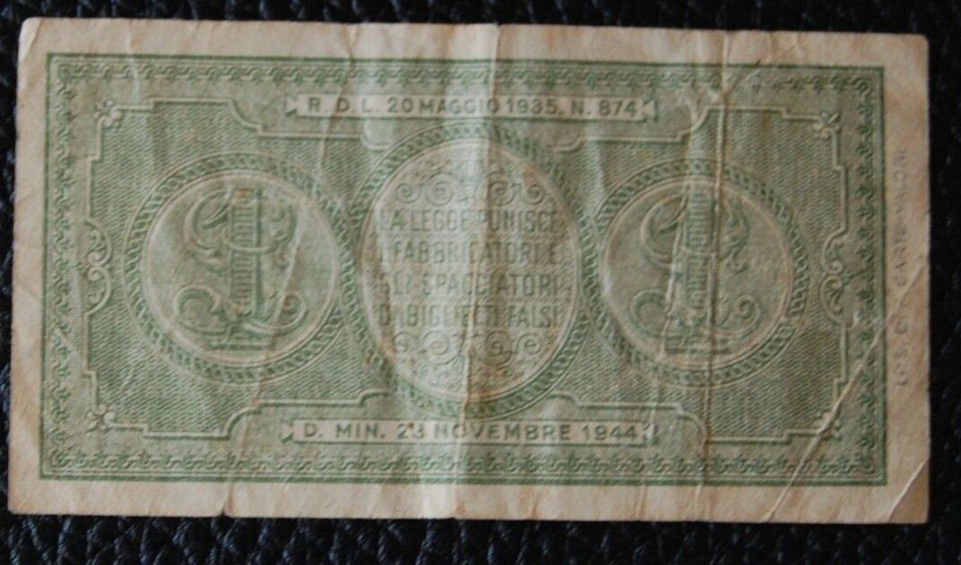 Italy 1 one  Lira 1944 banknote
