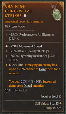 DIABLO 4 Season 4 Amulet 925  Greater Affix Movement,Attack Speed,Lightning Res