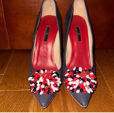 Carolina Herrera Shoes Navy Blue  Red White Blue Beaded Size 40 EU/ 9 US