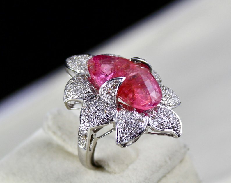Burma Ruby Cabochon 13.37ctw & Round Pave CZ Flower Women's