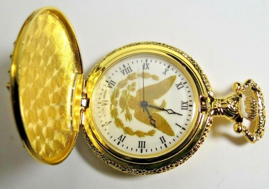 NEW QUARTZ JAPAN HUNTING CASE WITH AN EAGLE POCKET WATCH GOLD TONE RUN