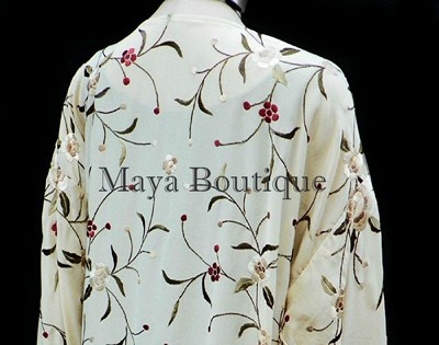 Pre-owned Maya Matazaro Silk Embroidered Fringe Kimono Flapper Jacket Vanilla  Usa Made In White