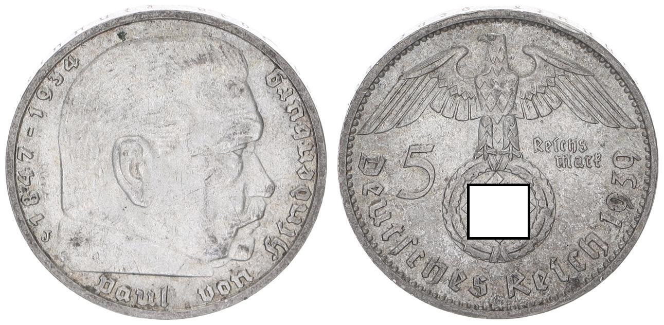 3rd Reich 5 Mark Hindenburg 1939 J Vf-St, Patina SP81195 | eBay