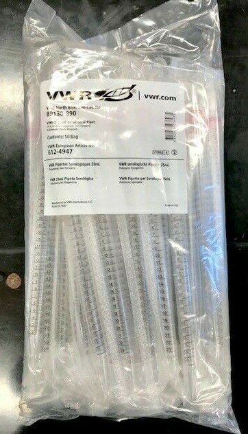 50 VWR Disposable Sterile Polystyrene Pipettes 25 ml Individual Wrapped