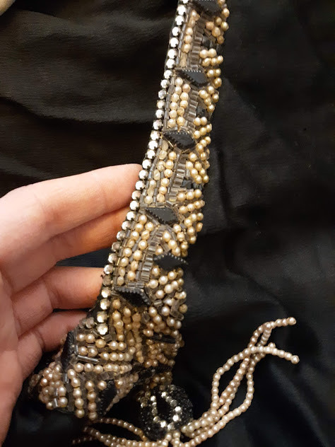 Authentic Vintage 1920s 30s Black Satin Dress / Faux Peals / Rhinestones / Jet