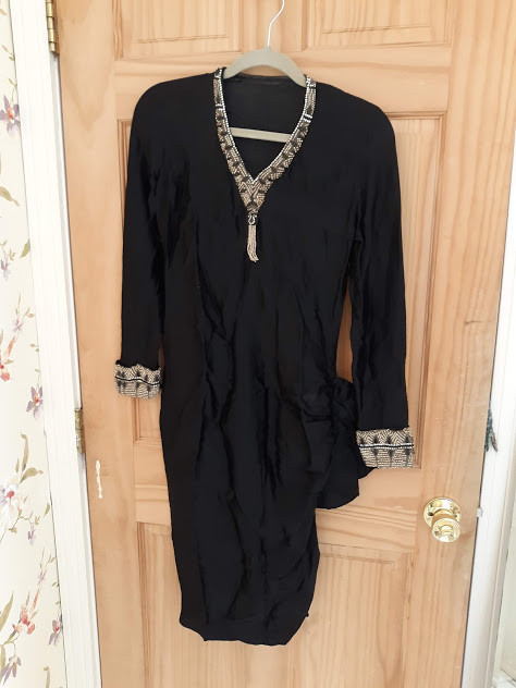 Authentic Vintage 1920s 30s Black Satin Dress / Faux Peals / Rhinestones / Jet