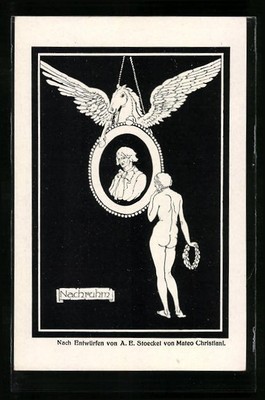 Künstler-AK sign. A. E. Stoeckel: Pegasus hält das Porträt eines Mannes 