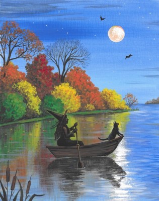 11x14 PRINT OF PAINTING RYTA HALLOWEEN WITCH BLACK CAT LANDSCAPE SALEM Folk Art