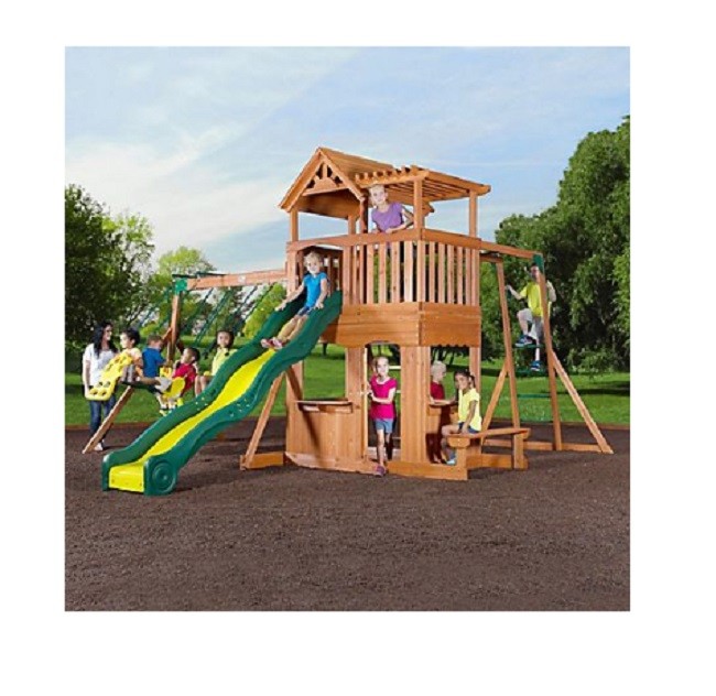 Backyard Discovery Thunder Ridge Wooden Swing Set  Play Playground Outdoor Slide