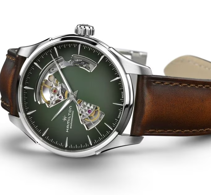 Pre-owned Hamilton Jazz Master Open Heart Auto Green Dial Round Men's H32675560