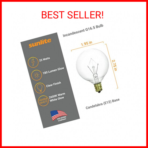 Sunlite 40153-SU G16.5 Globe Light Bulbs 25 Watts, Candelabra Base (E12), 120Sun
