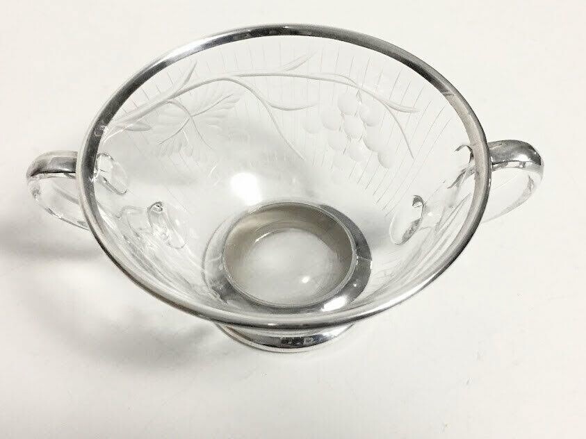 Vintage Dual Handled Cup or Bowl Etched Glass with Sterling Overlay by Rockwell