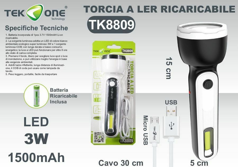 Torcia A Led TeKone TK8809 Ricaricabile Portatile Luce 3W 1500mah hsb