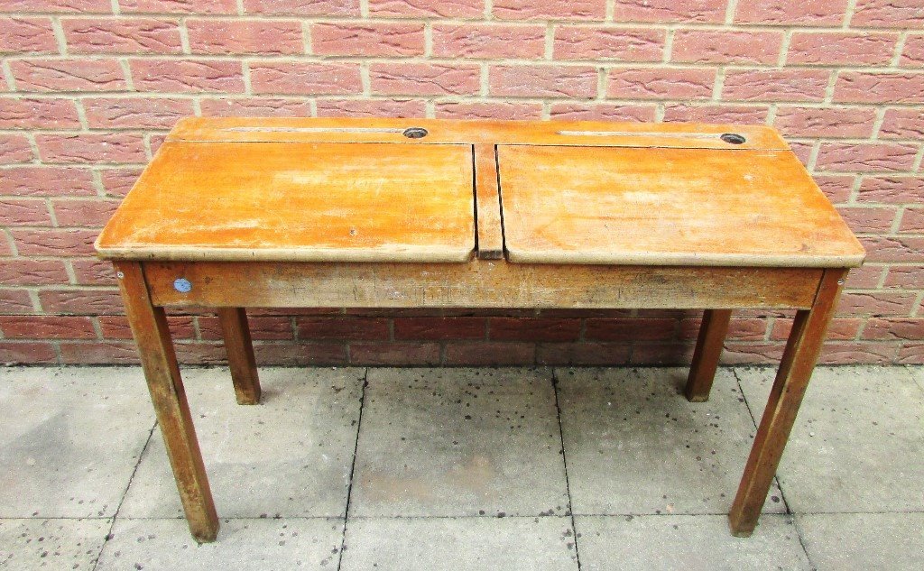 Vintage, old double school desk. Wooden, lifting lids in good original