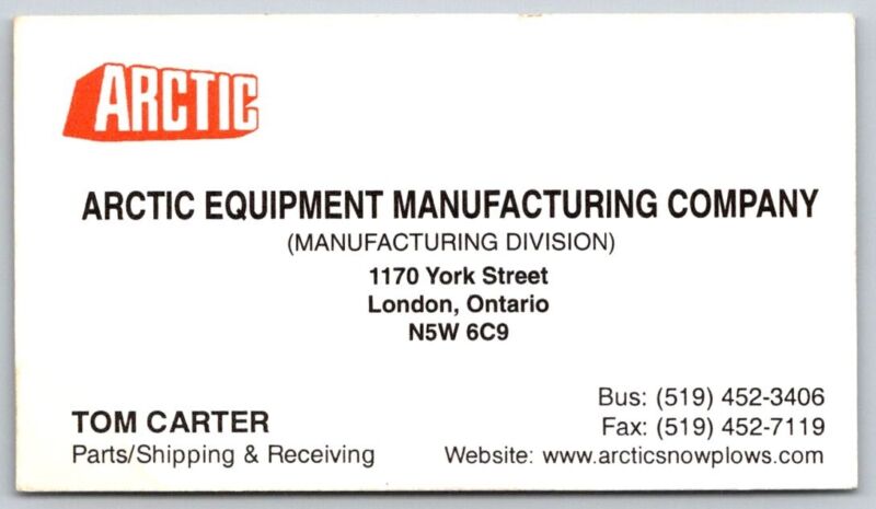 Business Card London ON Arctic Equipment Manufacturing Company Tom Carter