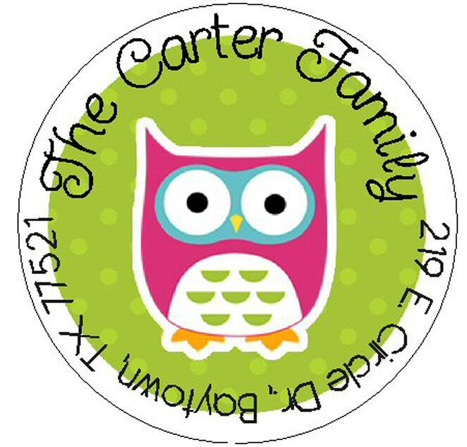 Pink Owl In Green -  Round Return Address Labels