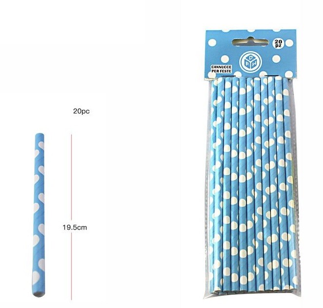 Set 20 Pezzi Cannucce Azzurro Pois Carta Feste Compleanni Party dfh