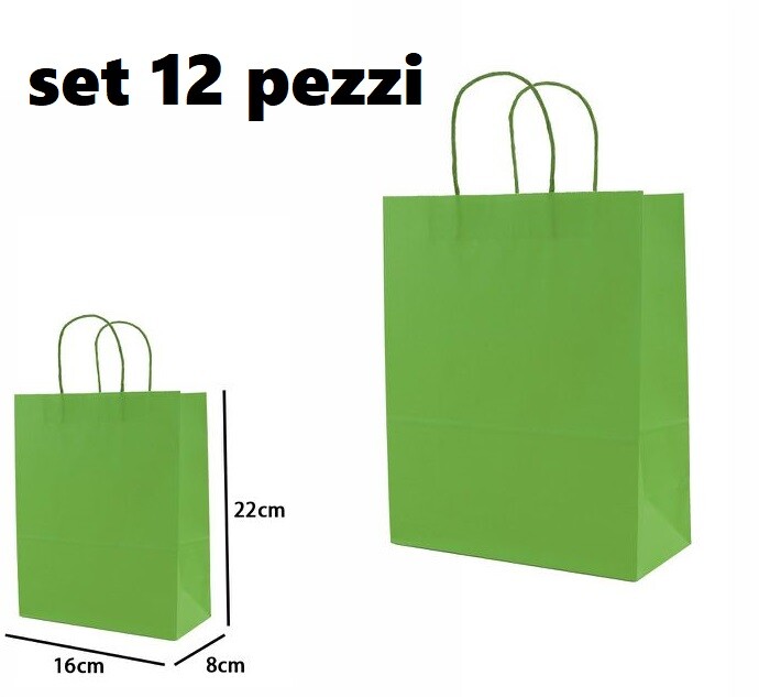 Set 12 Pezzi Buste Borsa Da Regalo Sacchetti Carta Verde 22x16x8cm dfh
