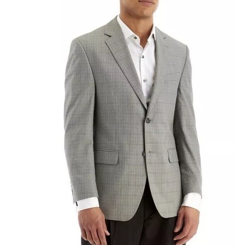 Pre-owned Perry Ellis Modern Stretch Fit 2-button Plaid Suit Jacket Size 38 R Gray