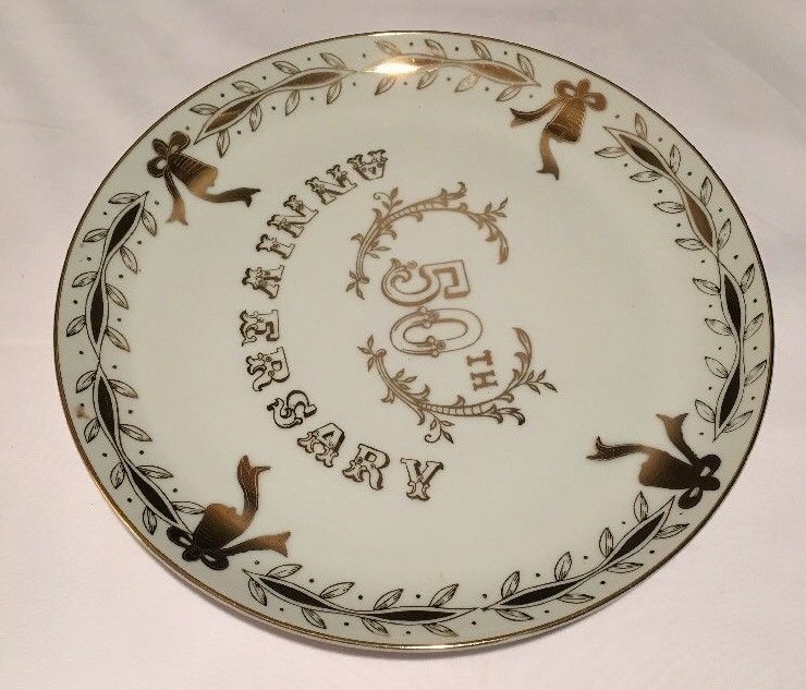 Vintage Lefton China 50th Wedding Anniversary Decorative Plate with Gold Trim