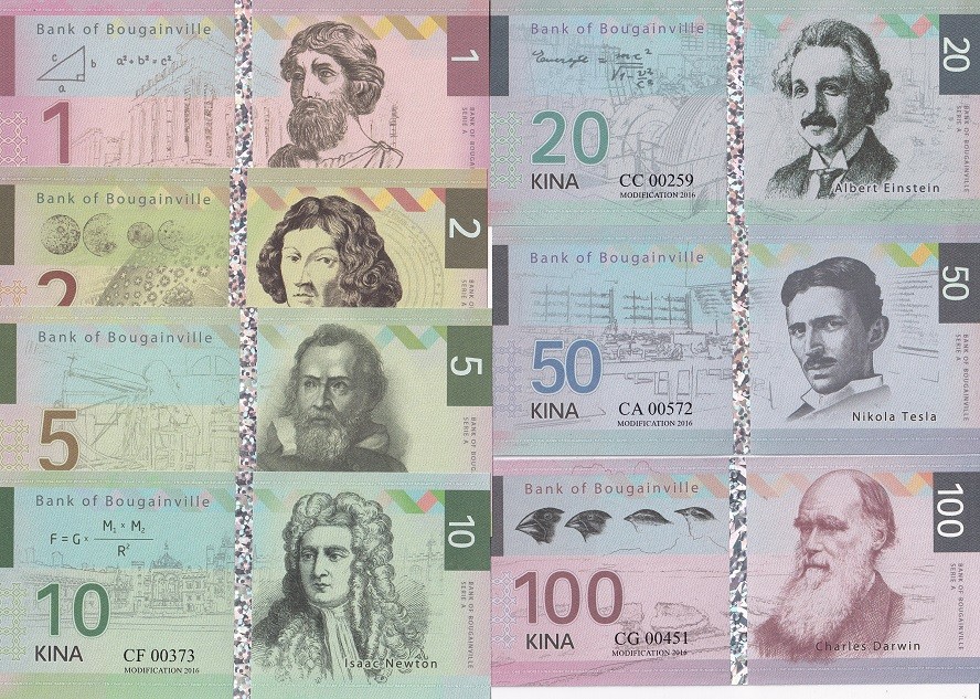 Bougainville Set 7 1-100 Kina 2016 Scientist Pythagoras Einstein Fantasy NHB, NR