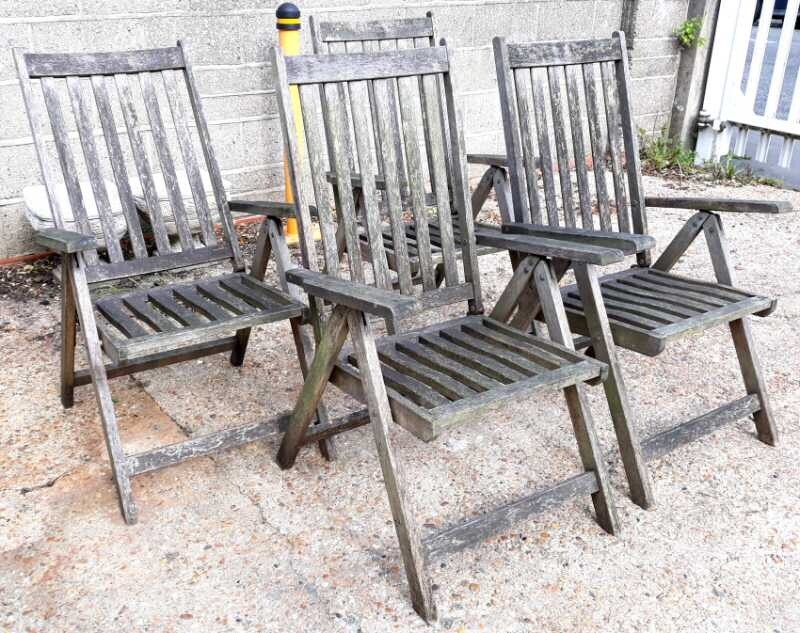 Set Of Four Weathered Teak Adjustable Folding Garden Chairs Armchairs in Southampton