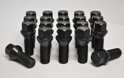 M12 x 1.5, 17mm Hex, 26mm thread tapered seat alloy wheel bolts in Black x 20