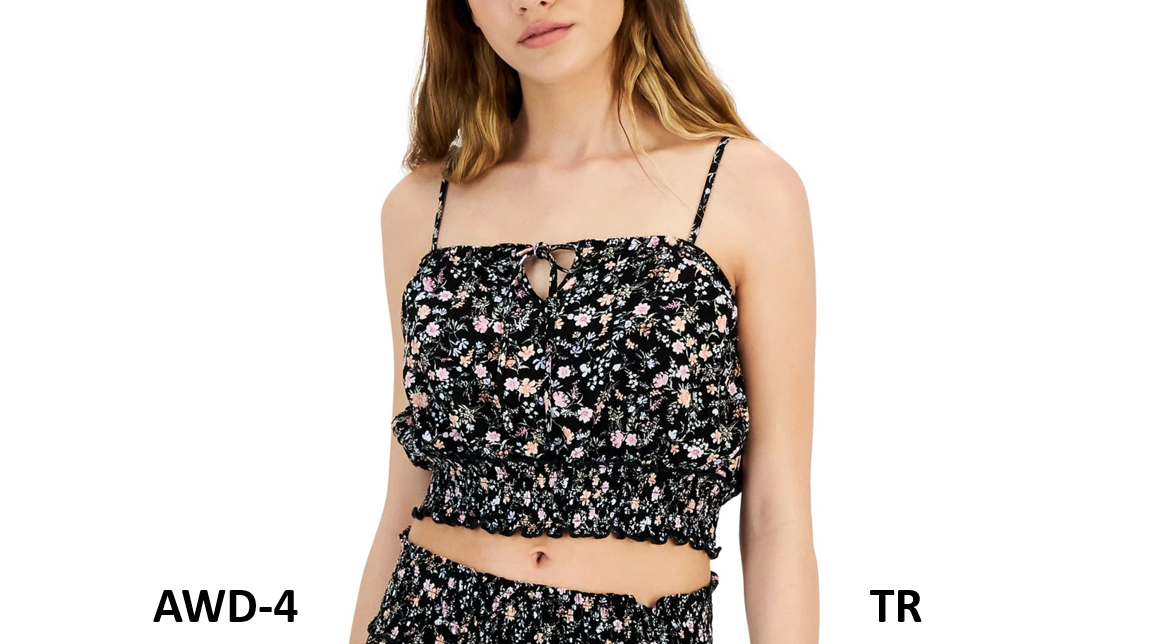Hippie Rose Juniors' Spaghetti Straps Smocked Crop Top, Black Floral, Size XS