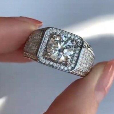 Pre-owned Nsg Attractive 3ct Genuine Moissanite Men's Statement Charm Wedding Ring 925 Silver In White
