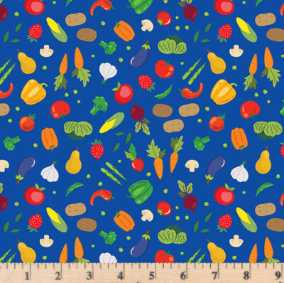 Barnyard Rules Veggie Patch Royal  100% Cotton Benartex By the Half Yd