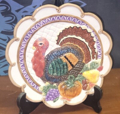 VINTAGE Omnibus FITZ & FLOYD TURKEY Plate 1996 Scalloped Edge Fall Thanksgiving
