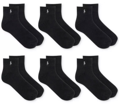 New Polo Ralph Lauren 6-pk Performance Sport Quarter Socks Black Size 6-12 B1